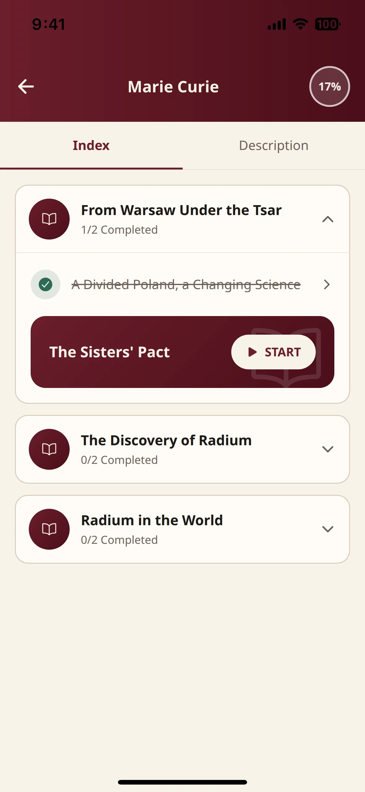A course screen of the HerLegacy app, with its modules and lessons