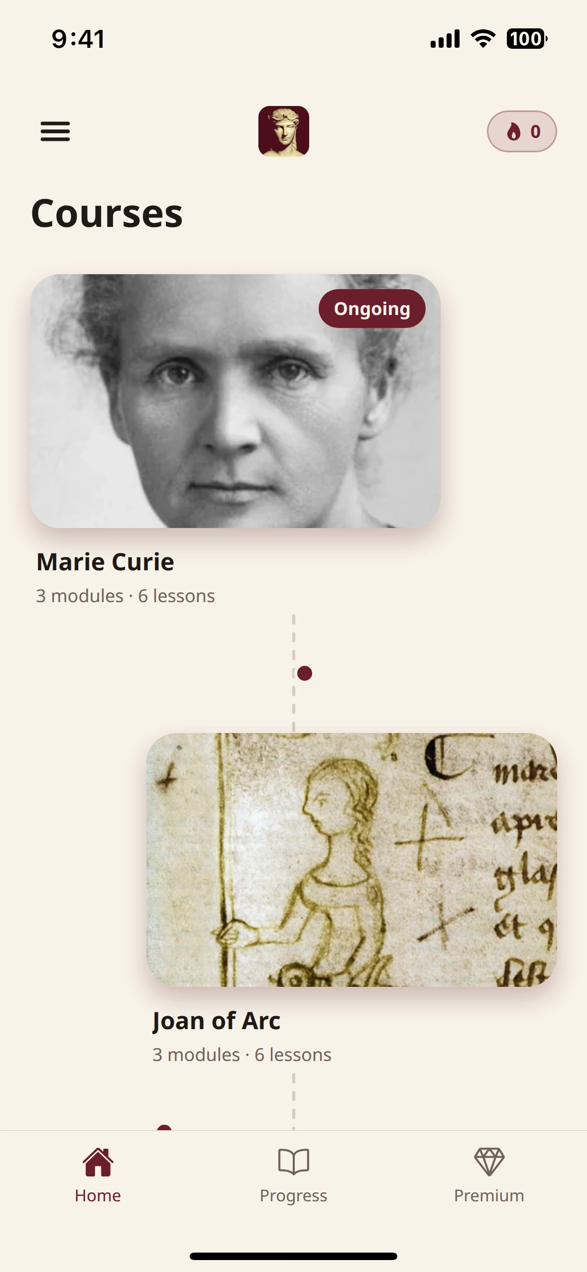 Home screen of the HerLegacy app, listing the courses