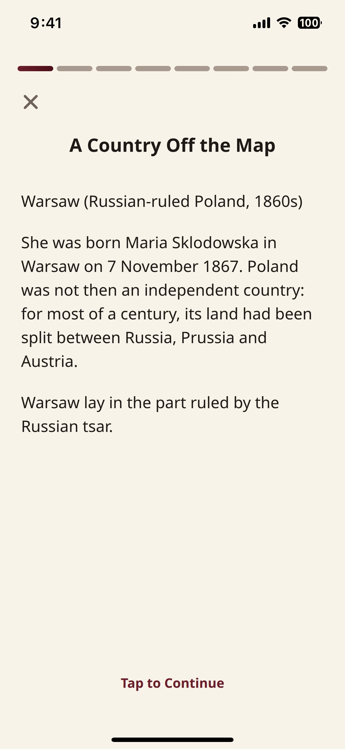 A lesson page of the HerLegacy app